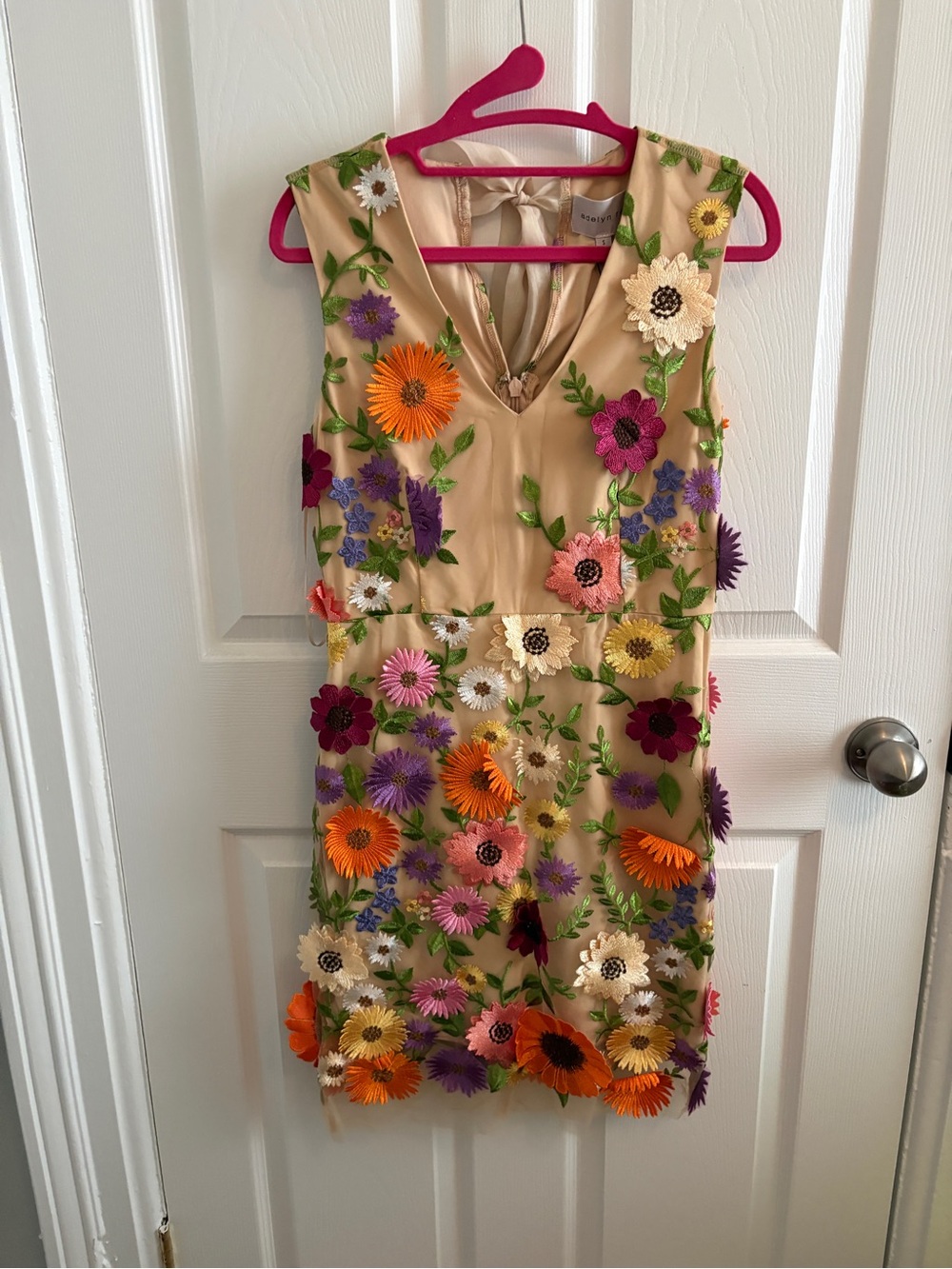 Adelyn Rae Beige Mini Dress with Multicolor Floral Appliqués